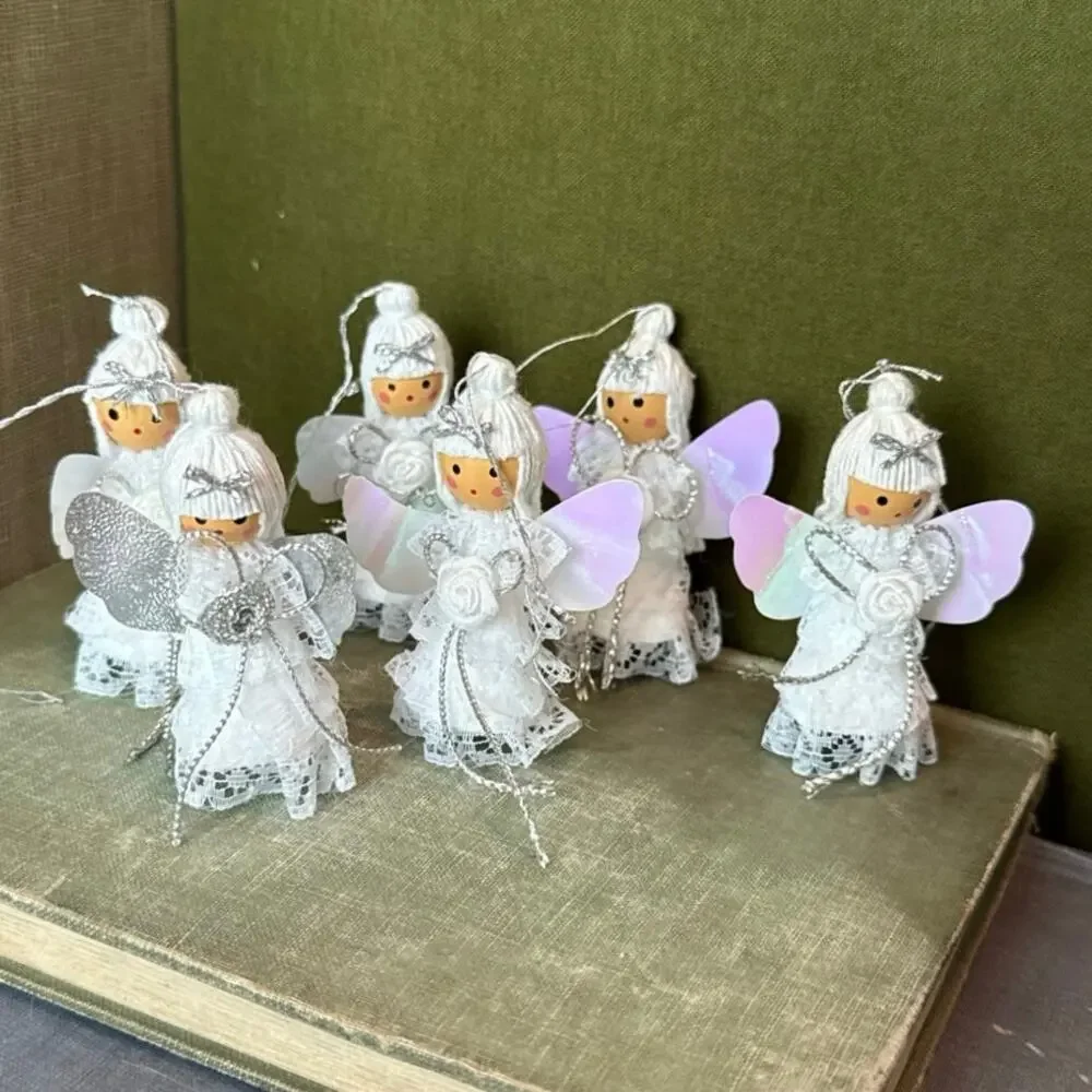 Vintage Angel Ornaments • Set of 6 • Iridescent Wings • 2.75”